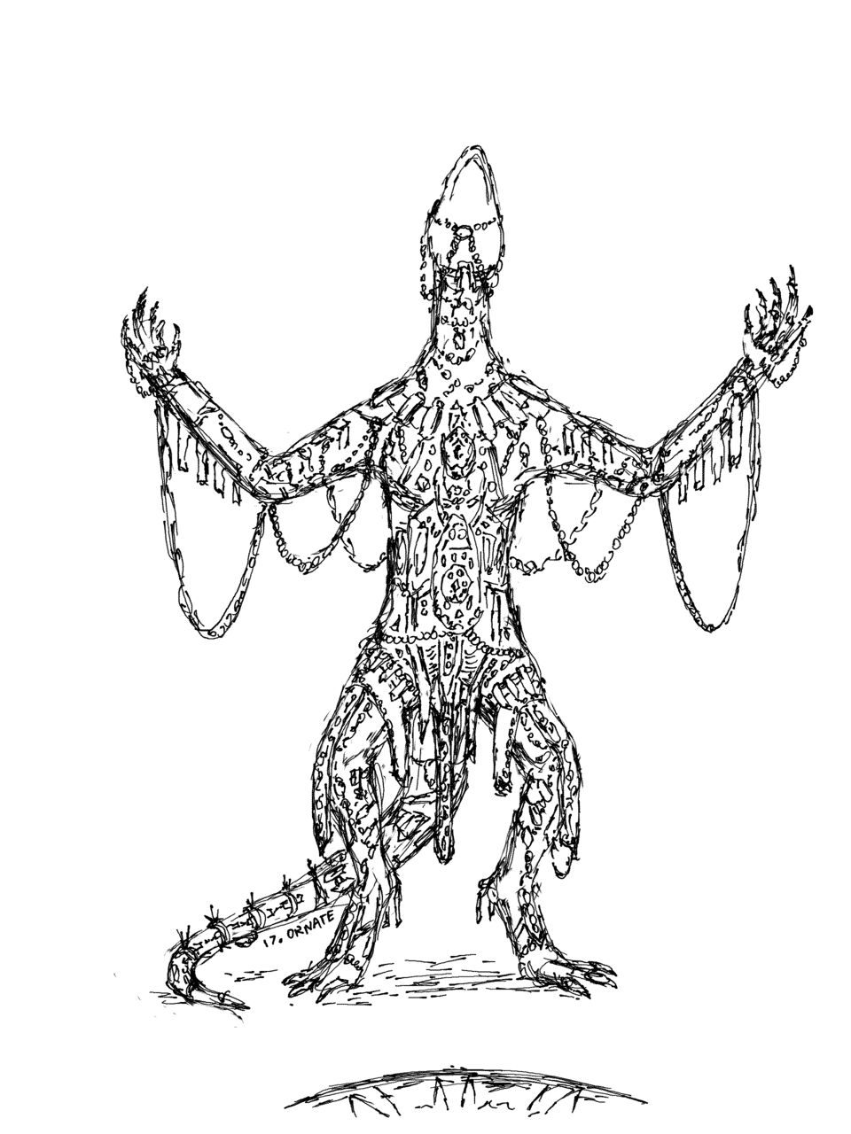 A bipedal lizard clad in fabric and jewels looks to the sky with its arms outstretched